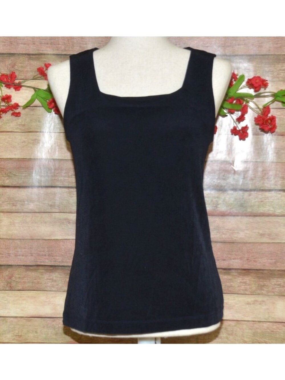 Chicos Travelers Tank Top Size 1 US M Black Square Neck Sleeveless Stretch